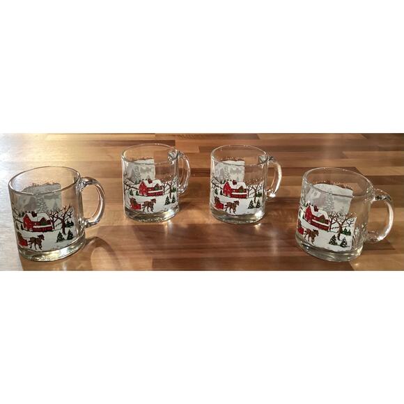 Vintage Set Of 4 Libbey Currier & Ives Christmas Glass Mugs Winter Snow Scene - Picture 1 of 11